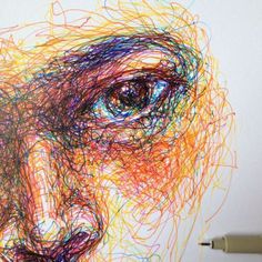 a pencil drawing of a man's face with colored lines