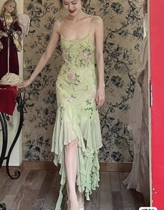 Midsummer Prom Dress, Runaway Princess Dress, Fairycore Gown, Fairycore Dress Aesthetic, Prom Dress Fairycore, Fairy Wedding Guest Dress, Muted Green Dress, Fairycore Dress Prom, Whimsical Fairy Dress