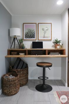 a home office with two pictures on the wall