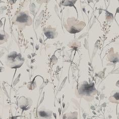 watercolor floral wallpaper with grey and white flowers on the right side, in shades of gray