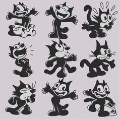 black and white cartoon cats with different expressions on their faces, including one cat in the middle