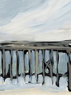 an abstract painting of a bridge with snow on the ground and sky in the background