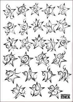 an artistic tattoo design with stars and swirls on white paper, in black ink