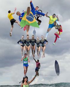 a collage of people jumping in the air with surfboards and water skis