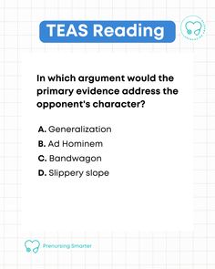 Rhetorical fallacies on the TEAS... can you identify them?⁠ ⁠ You'll want to be able to identify and define each of these for the TEAS Reading section.⁠ ⁠ ⁠ ⁠ ⁠ ⁠ ⁠ATI TEAS® is a registered trademark of Assessment Technologies Institute, LLC.⁠ ⁠ #teastest #atiteas #prenursing ⁠ #prenursingstudent #surgtech #lpn #dentalhygiene #dentalhygienist #cna Teas 7, Teas Test, Science Study, Ad Hominem, Exam Study Tips, Tea Reading, Reading Tips, Medical Terminology, Grammar Rules