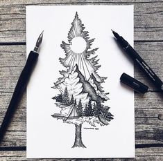 a pen and ink drawing of a pine tree