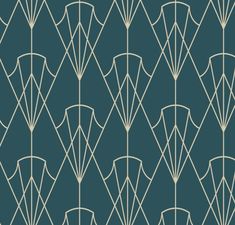 an art deco style wallpaper design in teal and gold on a dark blue background