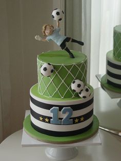 a soccer themed birthday cake on a table