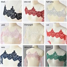 six different types of bras on mannequins, all with lace detailing