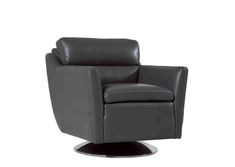 a black leather recliner chair sitting on top of a metal base with a white background