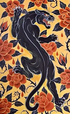 a painting of a black panther surrounded by red roses and orange flowers on a yellow background