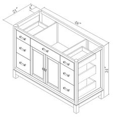 a drawing of the sideboard with drawers and two doors on each side, showing measurements for