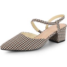 A must-have in every girl's closet! Houndstooth fabric brings comfortable style to these low-heeled mules, and a lightly padded sock liner provides easy all-day comfort. The shoes are low in height, so you won't feel tired even if you walk for a long time. The checkered pattern design makes it look more elegant. Checkered Pattern Design, Houndstooth Fabric, Slingback Mules, Women's Slip On Shoes, Closed Toe Shoes, Black And White Fabric, Classic Heels, Comfortable Style, Comfort Design