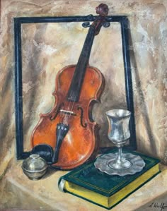 a painting of a violin, book and cup on a table