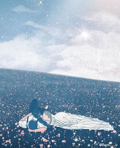 two people laying on the ground in front of a sky filled with stars and flowers