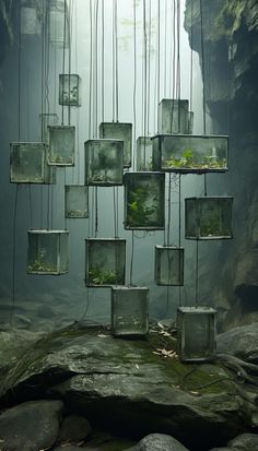 glass cubes are suspended from the ceiling in an underwater cave with moss growing inside