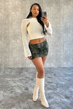 Belted For You Camo Cargo Mini Skirt SKIRT EDGE Small Green Camo Summer Camouflage Mini Cargo Skirt, Camouflage Mini Cargo Skirt For Summer, Summer Mini Cargo Skirt In Camouflage, Fitted Camouflage Mini Skirt, Army Skirt Outfit, Camo Mini Skirt Outfit, Camouflage Skirt Outfit, Cargo Skirt Outfit Ideas, Camo Skirt Outfit