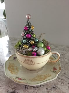 a small christmas tree in a teacup on a saucer, with ornaments around it