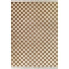 a brown and white checkered rug with fringes