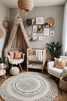 a baby's room with a crib, chair and rug