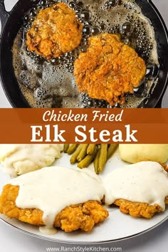 chicken fried elk steak in a skillet with green beans and mashed potatoes