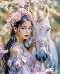 a beautiful young woman standing next to a horse with flowers on it's head