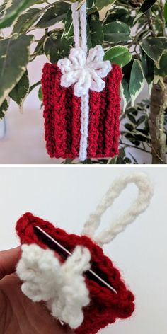 crocheted christmas ornament hanging from a tree