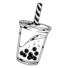 a drink with a straw and blueberries in it, drawn by hand on a white background