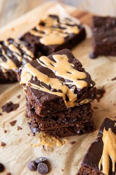 chocolate brownies with peanut butter drizzled on top