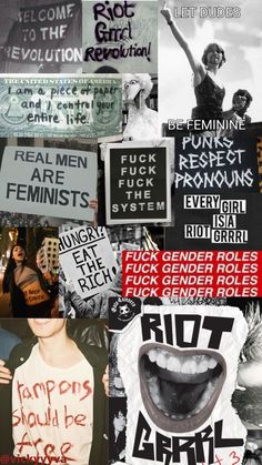 collage of protest posters and slogans in black and white, including women's rights