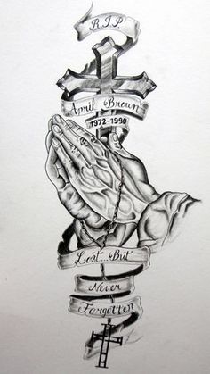 a drawing of a praying hand with crosses and banners around it, on white paper