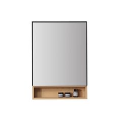 a wooden shelf with two jars on it and a mirror in the middle, against a white background