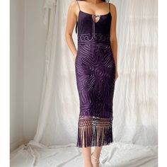 Beautiful Vintage Silk Crochet Dress, Size Xs. Photos Don’t Do This Dress Justice! Gorgeous Rich Purple Color, Uber Soft Silk Lined Dress With Key Hole Tie At Bust, And Fringe Detailing At Hem. Condition: Excellent/Pristine Silk Crochet, Vintage Silk Dress, Silk Dress Vintage, Rich Purple, Key Hole, Vintage Silk, Crochet Dress, Dresses Xs, Purple Color