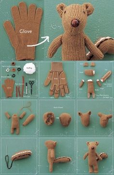 the instructions for making a knitted teddy bear with gloves and mittens are shown