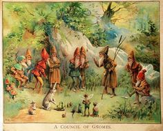 an old painting shows people dressed as gnomes in the woods with animals and trees