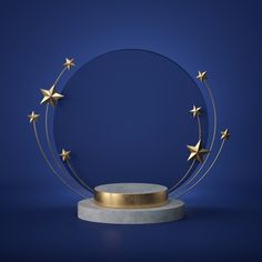 an award trophy with gold stars around it on a marble base against a blue background