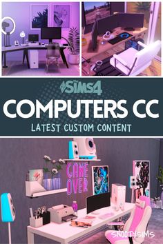 the computer desk is surrounded by pink and blue chairs, with text overlaying it that reads sims4 computers cc latest custom content