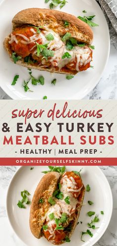 two plates with meat and vegetables on them, the title says super delicious & easy turkey meatball subs healthy meal prep