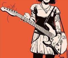 a drawing of a woman with a guitar in her hand and an orange background behind her