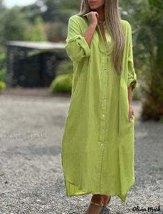 Olivia Mark - Stylish Casual Linen Shirt Dress with Long Sleeves and Open Front Tunic Shirt Dress, Linen Shirt Dress, Maxi Shirt Dress, Basic Dress, Necklines For Dresses, Midi Shirt Dress, Cardigan Fashion, Dress With Cardigan, Look Plus