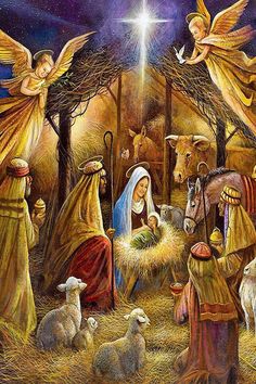 a nativity scene with baby jesus in the manger, angels and sheeps