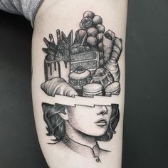 a woman's head with food on top of it, and an image of her face in the middle