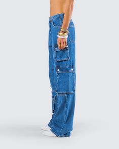 Your everyday style just got an upgrade 💙 Featuring a low-rise, baggy fit and pockets that are perfect for stashing all of your essentials, these blue denim cargo pants will have you turning the streets into your personal runway 👏 Denim Blue Denim Cargo Pants With Belt Loops, Denim Blue Cargo Pants With Belt Loops, Urban Blue Full-length Cargo Jeans, Mid-rise Denim Blue Cargo Pants With Belt Loops, Urban Blue Cargo Jeans, Urban Style Blue Cargo Jeans, Medium Wash Straight Leg Cargo Pants With Belt Loops, Straight Leg Medium Wash Cargo Pants With Belt Loops, Denim Cargo Pants With Belt Loops In Dark Wash