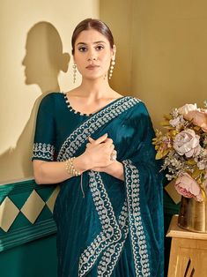 Teal Embellished Sequinned Satin Saree– Inddus.in Reception Saree Look, Reception Saree, Teal And Silver, Girly Swag, Yumna Zaidi, Saree Embroidery Design, Teal Blouse, Wedding Sarees, Wedding Saree Indian