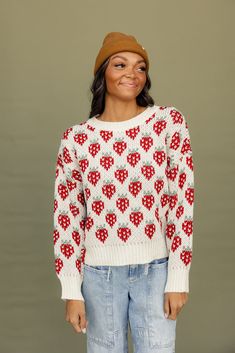 This chunky knit sweater features the cutest strawberry print there is! With a crew neckline and soft material, the Strawberry Fields Forever Sweater is one that will be in your closet for years to come! chunky knit // paired with the free people crvy outlaw wide leg jeans Cute Cream Soft Knit Sweater, Cute Cotton Cable Knit Sweater, Cute Cream Crew Neck Sweater, Cute Textured Knit Fall Sweater, Cute Crew Neck Knit Sweater, Cute Chunky Knit Sweater For Spring, Cute Chunky Knit Sweater For Fall, Cute Cotton Chunky Knit Sweater, Cute Cream Knit Sweater