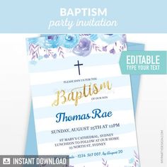 Floral Baptism / Christening <br> PRINTABLE Editable Invitation (BT02A)