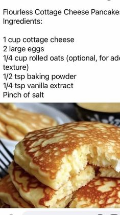 pancakes are stacked on top of each other with the ingredients labeled in english and french