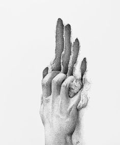 a pencil drawing of a hand holding something in it's left hand, with the other hand extended up