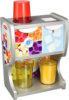 a toy juice dispenser with cups on it