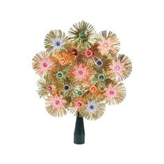 a small tree with many colorful ornaments on it's top and bottom branches in the shape of a starburst